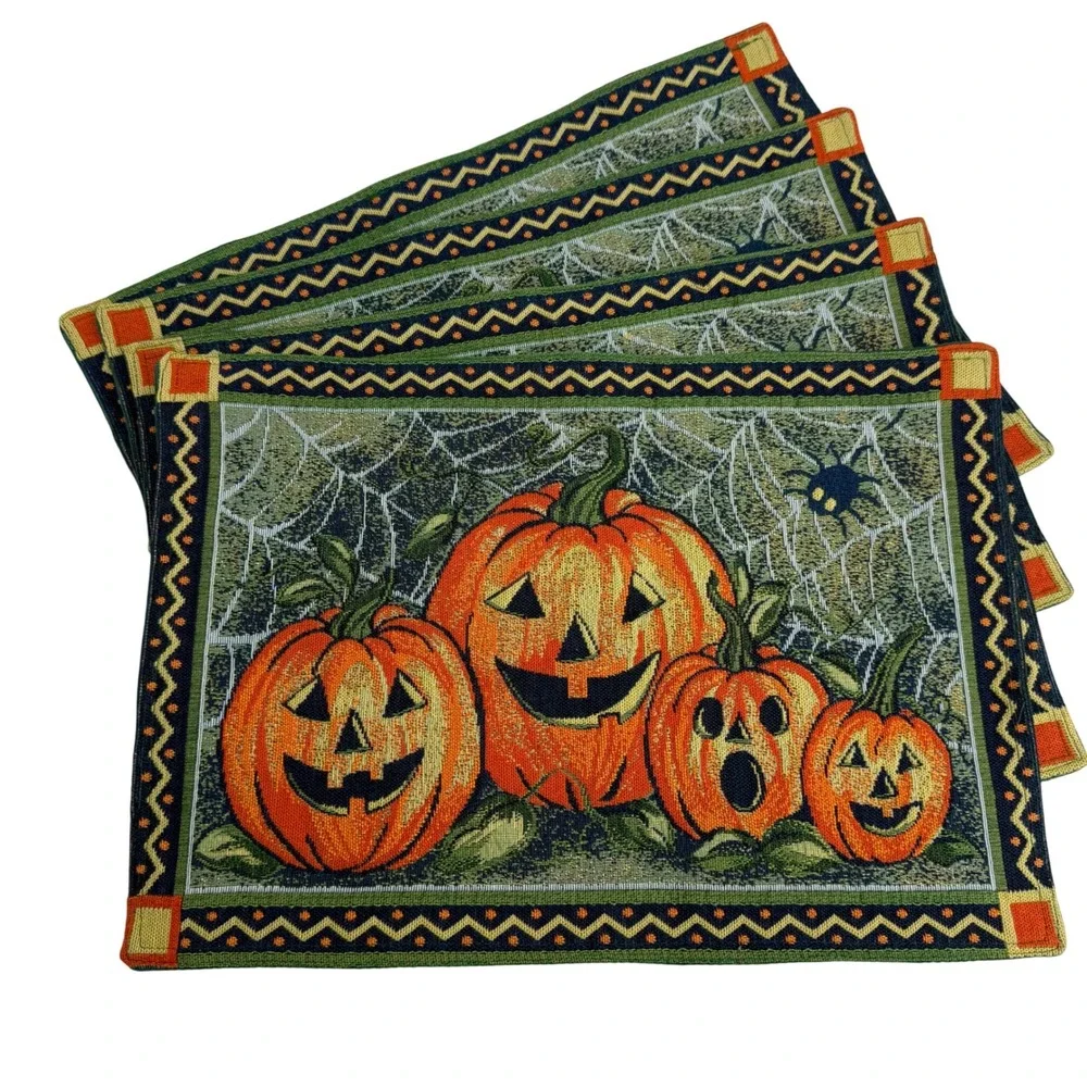 Vintage Halloween Pumpkin Jack-O-Lantern Tapestry Placemats Set of 4 Spiderweb